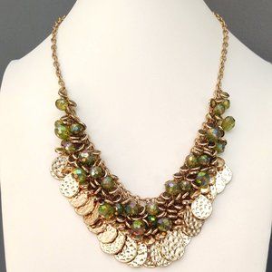 Green iridescent bead and textured gold metal necklace